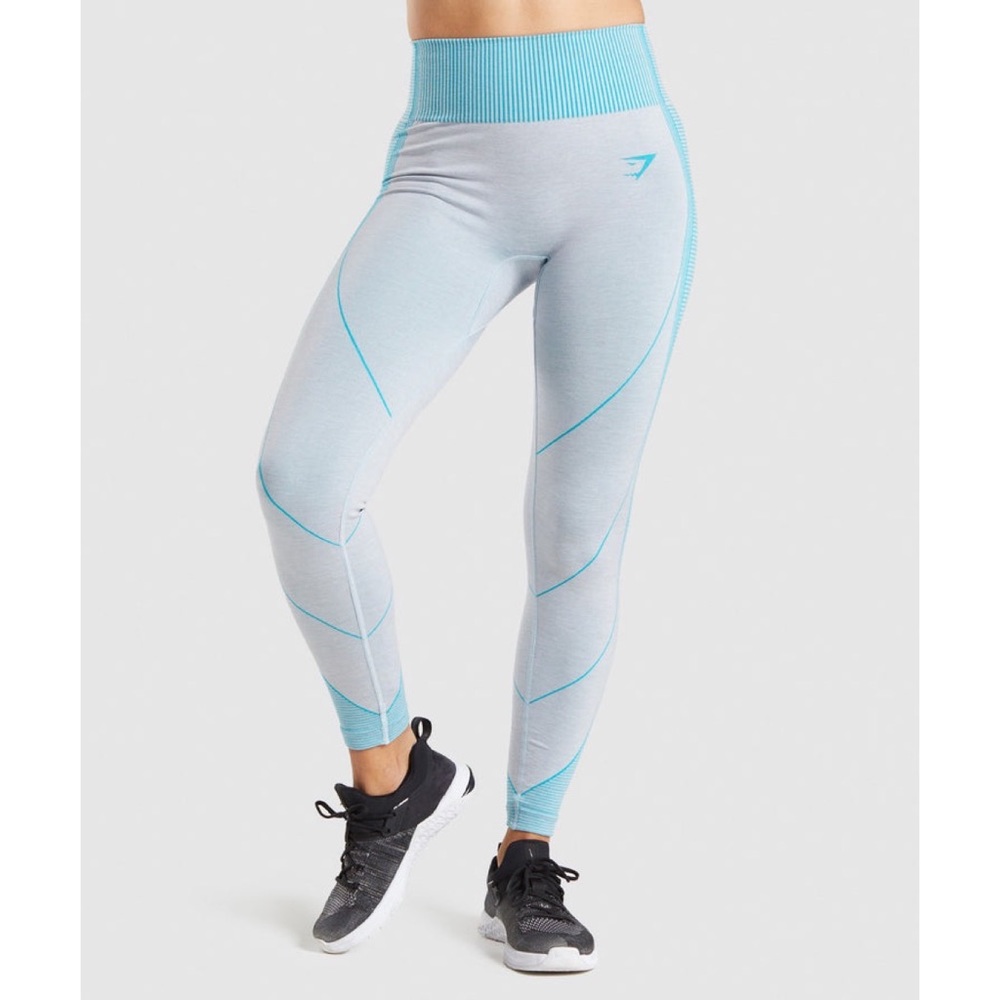 Gymshark Amplify Seamless Leggings, size large, grey marl/light teal